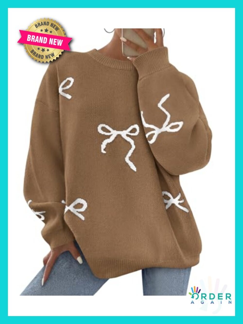 Oversized Bow Print Chunky Knit Sweater with Batwing Sleeves